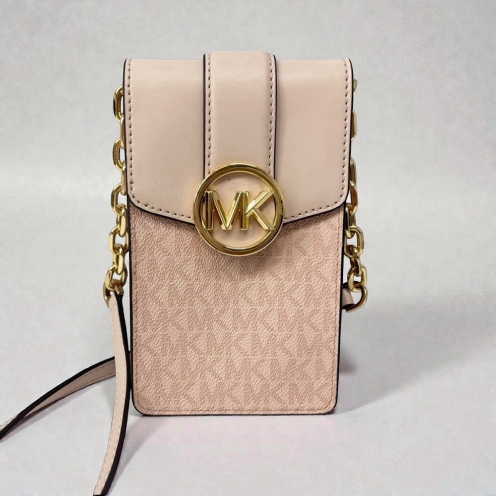 Michael Kors Carmen Phone Crossbody Bag Powder Blush Logo With Gold Chain Strap - Picture 2 of 7
